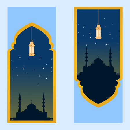 Illustration of Ramadan Kareem with mosque silhouette and starlight, moon and lantern, Background Business Label, Invitation Template, social media, etc. ramadan kareemのイラスト素材