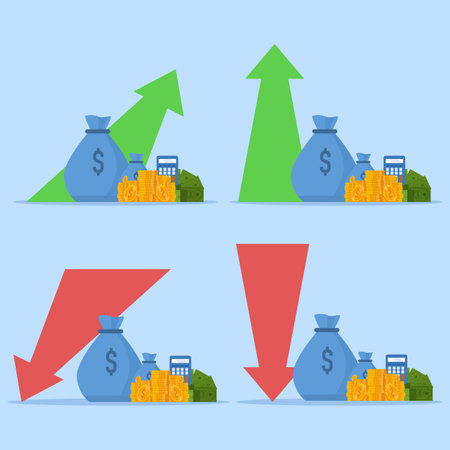 money income profit icon concept or bankruptcy loss budget and deduction expense as financial economic crisis or stock market fall flat cartoon illustration, capital increaseのイラスト素材