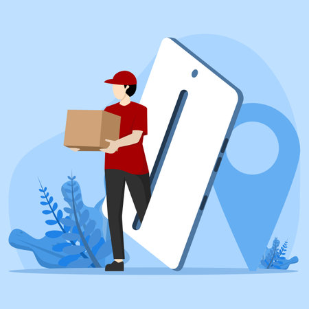 online delivery concept, parcel delivery from smartphone, delivery service concept, fast and free delivery concept, vector illustration design.のイラスト素材
