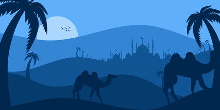 Eid mubarak illustration with mosque silhouette and starlight, moon and camel, eid greeting banner, Invitation Template, social media, etc. Eid mubarakのイラスト素材