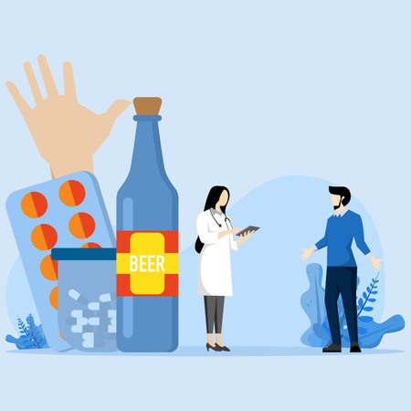 The concept of addiction treatment, recovery, male counseling with rehabilitation psychologist. Life threatening condition. alcohol. Strong hangover. Alcoholism therapy.のイラスト素材