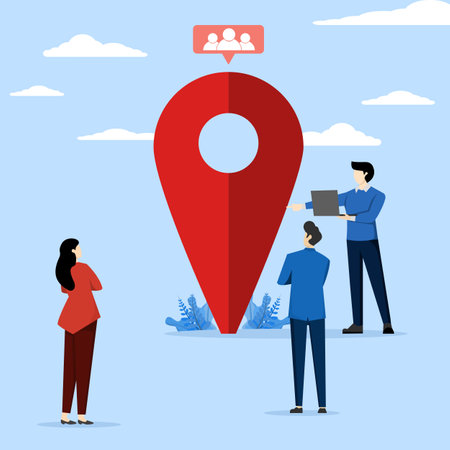 Meeting point concept for making group or public meeting, Men and women gathered around a map pin or location sign. gather people together. Modern flat vector illustrationのイラスト素材