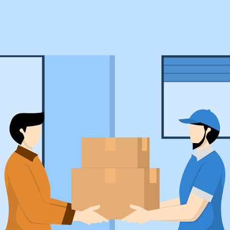 Delivery concept, Courier delivers orders delivered in boxes to customers. The person receiving the cardboard package. Delivery with parcel of goods from the postal service.のイラスト素材