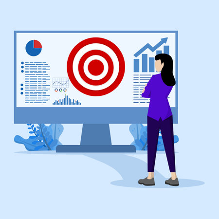 Digital targeting marketing strategy concept, business goals, startup project goals. Woman looking at computer screen with shooting target and arrow in the middle.のイラスト素材