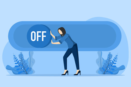 Business closing concept. Businesswoman turning off the switch. Failure in career development, crisis concept. bankruptcy. Closed company in financial crisis. Economy problem.のイラスト素材