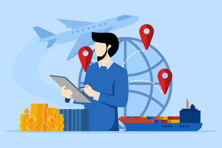 Import and export concept of shipping goods by sea or air transportation. International logistics, cargo shipping. World trade. Businessmen sell goods and services around the worldのイラスト素材