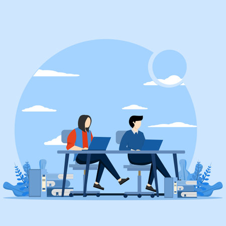 Students acquire knowledge, Education concept, Two people studying and studying with books and computer sitting at desks in school. flat design vector illustrationのイラスト素材