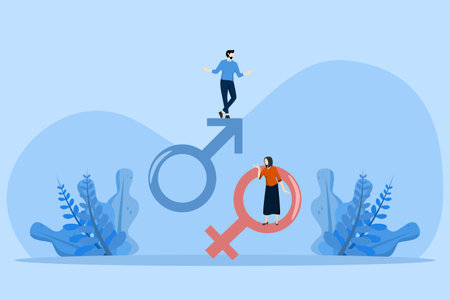Gender business gap concept. Inequality between men and women in wages and career opportunities, Entrepreneurs and women stand on gender symbols. Discrimination against women.のイラスト素材