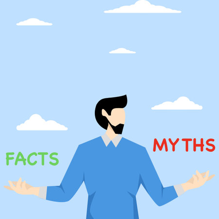 Myths vs Facts, true or false information, fake news or fictional, reality versus mythology knowledge concept, confused and doubtful businessman thinking with curiosity compareのイラスト素材