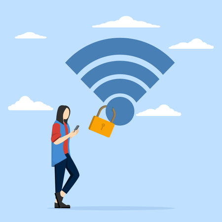 Wifi Encryption concept, wireless security or safety for internet connection, network protection or mobile access, password encryption, mobile users connected to wifi network.のイラスト素材