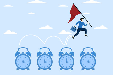 fast paced project concept, Time management, procrastination or work productivity, completing project within deadline, efficiency or planning, expert entrepreneur jumping on timeのイラスト素材
