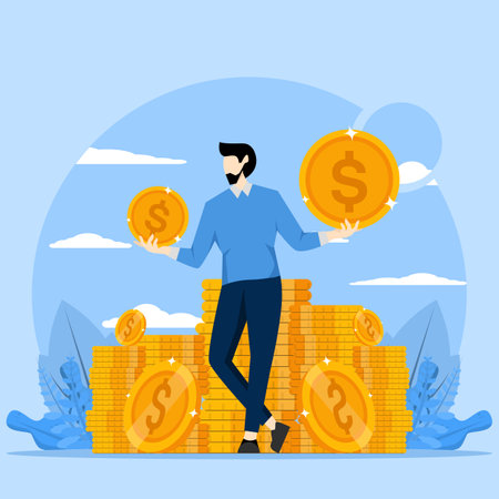 financial success concept, Businessman standing with pile of coins, money vector illustration concept for banner, website, landing page, advertisement, flyer templateのイラスト素材