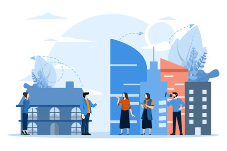 real estate business concept with house, real estate market growth, living space exchange, home presentation, home for apartment, Flat vector illustration on a white background.のイラスト素材