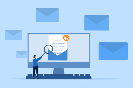 illustration concept Open email. Receive notifications on your computer screen about new emails. Documents are enclosed in an envelope. Email marketing creative flat vector.のイラスト素材