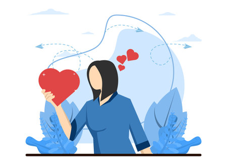 feeling of self love, woman holding heart in her hands. Positive emotions and harmony with yourself. kind hearted volunteer girl caring. self help and self care.のイラスト素材