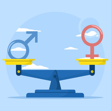 Gender equality concept. Female and male gender sign. Feminism movement for tolerance, rights and equal opportunities as that of men. Vector illustration on a blue background.のイラスト素材