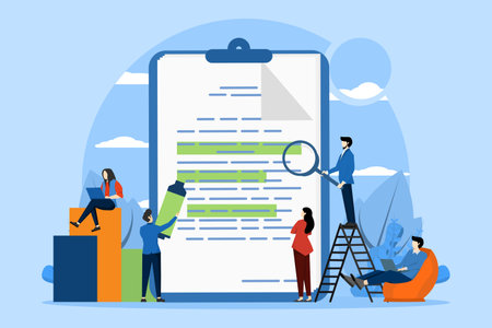 character living near tablet with marked text in document. Important text highlighting concept, checklist. Design for poster, flyer, banner, flat business vector illustration.のイラスト素材