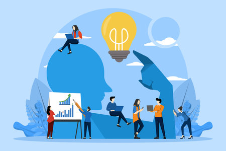 Great idea or invention concept. Scientist showing finger up gesture, business people team working around him. Problem solution. Vector illustration in cartoon styleのイラスト素材