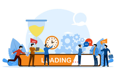 loading, finish work, filling, system update concept with tiny people and loading bar, white background isolated vector illustration.のイラスト素材