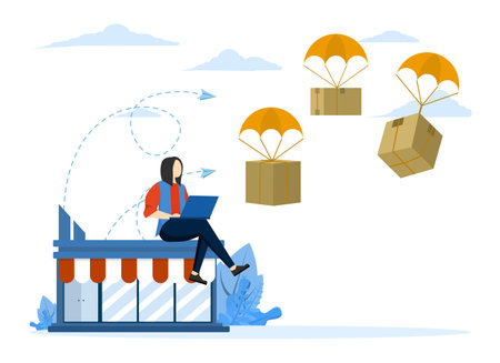 Dropshipping business model with opening e-commerce website shop and supplier deliver product directly to customer, businessman using computer with flying parachute drop shipのイラスト素材