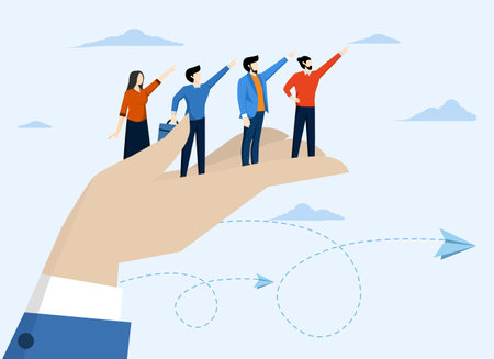 business employees pointing to the same goal in corporate hands. Company culture or employees share the same values, goals and attitudes to form the organization and conceptのイラスト素材
