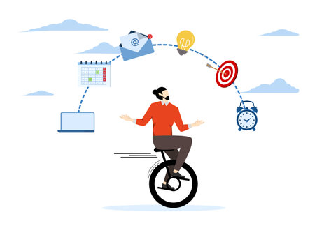 productivity and project management skills concept, Productive Master, multitasking work concept skilled businessman riding tricycle juggling elements, laptop, calendar, ideas.のイラスト素材