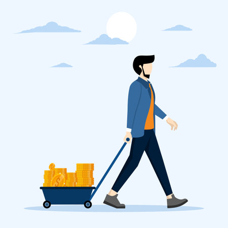Successful Investor concept, rich people make money from business or investment, income and earnings, budget, savings or profits, rich and successful businessman with lots of goldのイラスト素材