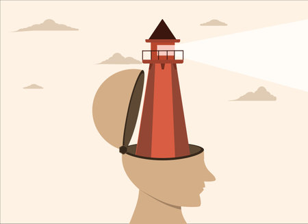 guidance or search concept, Vision to see direction, enlightenment or wisdom to discover new knowledge, solution or insight, head with house light shining brightly to see and findのイラスト素材