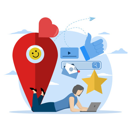 communication via Internet, social network, chat, video, news, message, website, find friends, mobile web graphic, Colorful flat vector illustration.のイラスト素材