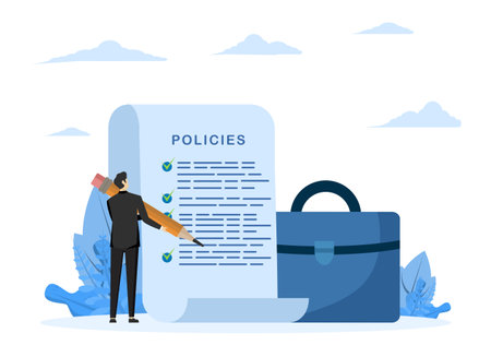 Company policy document, approval or process to be followed, company regulations or guiding concept, legal terms and services, businessman holding pen with company policy documentsのイラスト素材