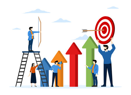 businessman archer aiming at the target, people run to their goal along the arrow to the cutter, increase motivation, the way to achieve the goal, flat vector illustration.のイラスト素材