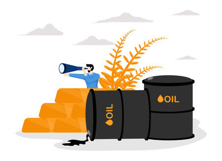 vision concept of precious crude oil and gold, world economy forecast, commodity prices for trade and investment, rice farming, businessman trader looking through binocularsのイラスト素材