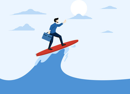 Follow business trend or momentum, professional experienced worker or career development concept, challenge to overcome difficulties, entrepreneur expert surf or ride the waveのイラスト素材