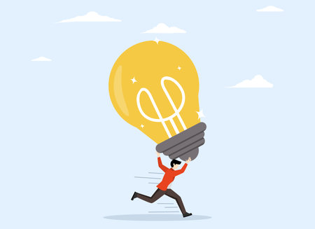 concept of finding a new idea, creativity and innovation to change or invent a new product, solution to solve a problem, excited entrepreneur carrying a big light bulb idea to findのイラスト素材