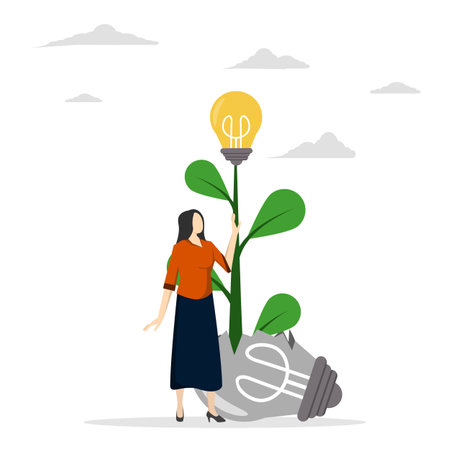 Failing to success, learning from mistakes or motivation to succeed, aspirations and efforts to find new innovations, a cheerful businessman sees a brilliant plant seed idea growinのイラスト素材