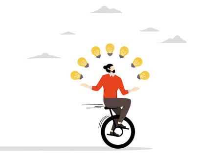 innovation or skills for success in business, Creativity and ideas, skilled businessman riding a tricycle juggling light bulbs metaphor many ideas. flat vector illustration.のイラスト素材