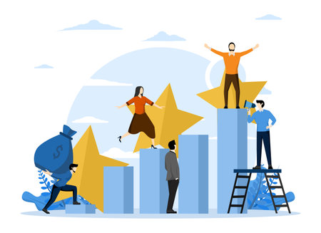 Business concept vector illustration, little people climbing corporate ladder, path to achieve target, preparing to launch business project. career for success, career growth.のイラスト素材