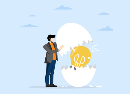 New creative idea, concept of creation or invention, innovation or solution for business, entrepreneurship or startup idea, entrepreneur finding hatching egg with light bulb ideaのイラスト素材
