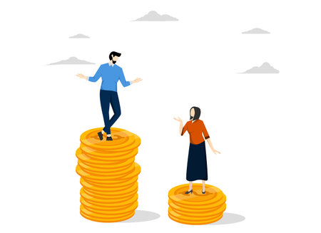 Gender wage gap, salary or income, gender diversification concept problem, inequality between male and female wages, employers standing on coin money are paid more, women on coinのイラスト素材
