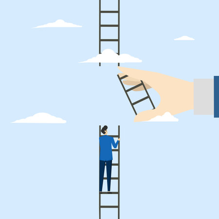 business support to reach career target or help to climb ladder success concept, helping hand, businessman climbing to top of broken ladder with big helping hand to connectのイラスト素材