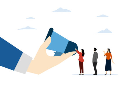 Encouraging employee voices, encouraging staff, contributing or helping, advocating or supporting opinions, listening to ideas or communicating, employers offer megaphonesのイラスト素材