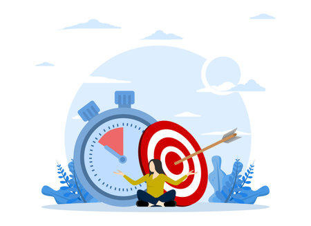 Self discipline, time management, productivity to achieve target with professional concept of being on time to finish work or reach goal before deadline, calm woman meditating.のイラスト素材