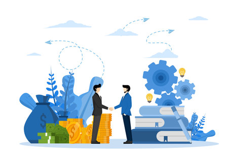 creative project financing. woman and man business handshake vector. successful team business porter. The investors held the money in the idea. Vector illustration.のイラスト素材