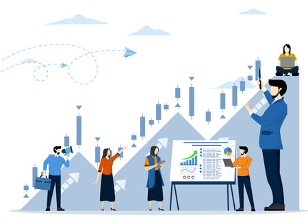 business team building growth chart and setting up big profits. stock market candlestick chart, rising motivation, way to achieve goals, flat vector illustration.のイラスト素材