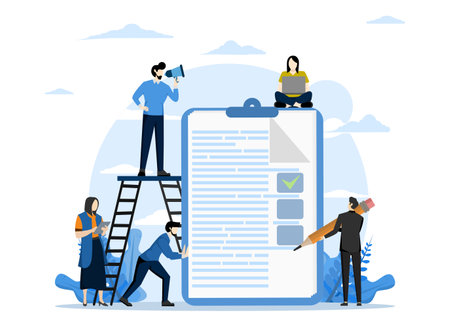 Vector illustration, tiny people filling out forms, complete work concept, checklist, long paper document and to-do list with checkboxes, modern concept for banners, infographics,のイラスト素材