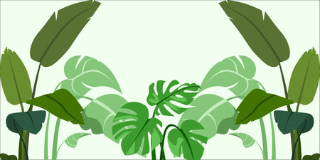 Foliage and botanical background. Green tropical forest wallpaper of monstera leaves, palm fronds, branches with hand drawn pattern. Exotic plant background for banners, prints.のイラスト素材