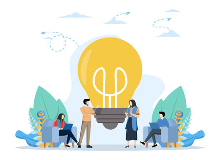 Teamwork Brainstorming concept, with team characters discussing to generate ideas, Suitable for landing page, UI, web, app intro card, editorial, flyer and banner, Vector Illustratのイラスト素材