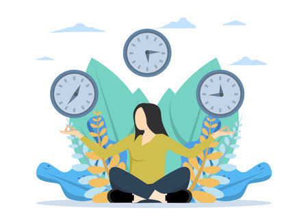 concept of meditation during working hours, rest, health benefits of body, mind and emotions, thought process, set mind and mental to work, flat vector illustration.のイラスト素材