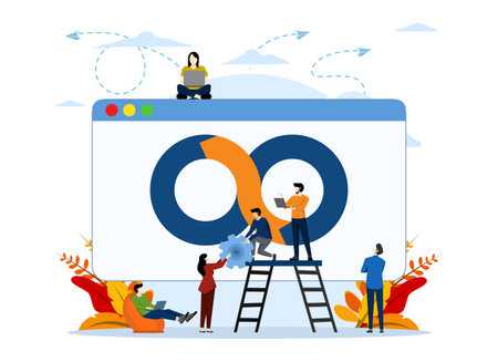 DevOps Programmers Concept, Showing a team of developers doing programmers using devOps methods, Suitable for landing page, ui, web, app intro card, editorial, flyer and banner.のイラスト素材