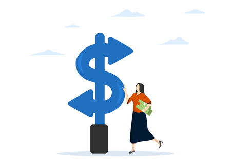 Money decision, buy or rent, pay debt or invest, choose the best earning asset, investment choice or option for profit, female investor confused holding money coin choosing dollarのイラスト素材